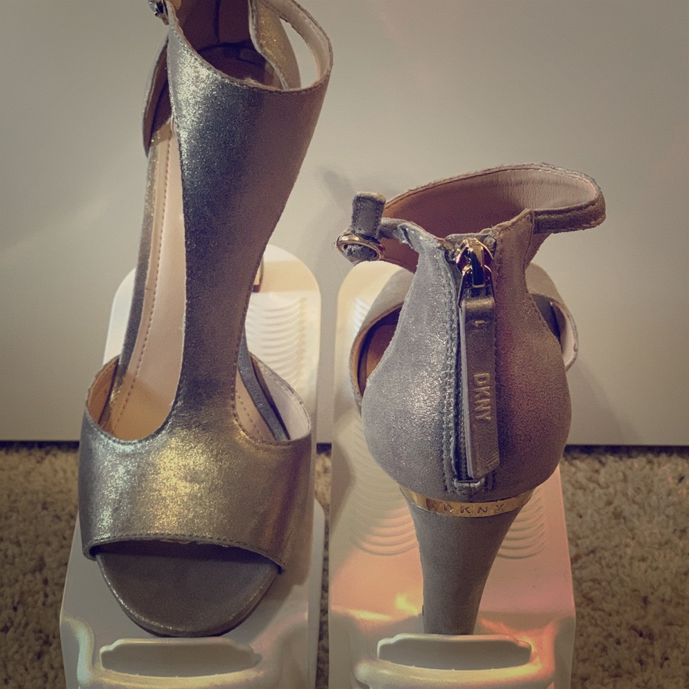 Goldish metallic DKNY peep toe sandals.